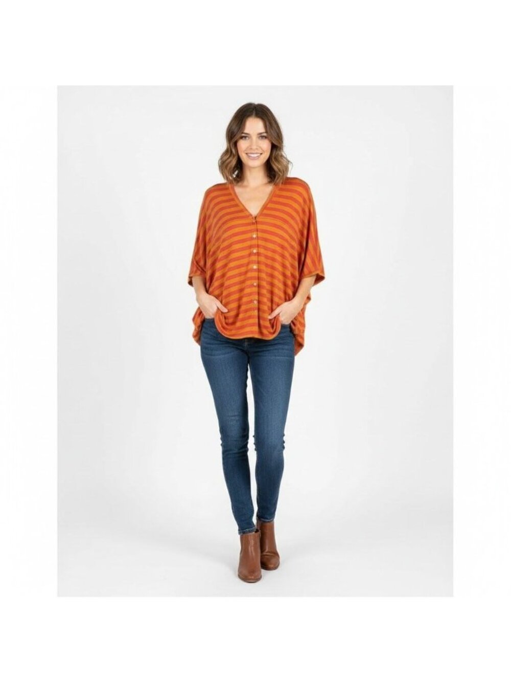 Nicole Miller Artelier Orange & Pink Striped Button-Front Poncho Top S